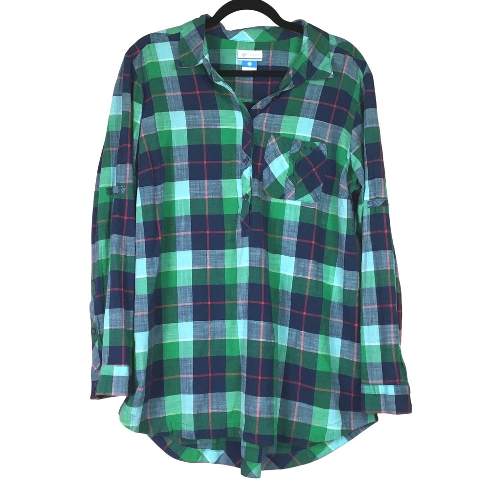 Columbia PFG Plaid Roll Tab Sleeve Henley Tunic Top 1X Green Blue